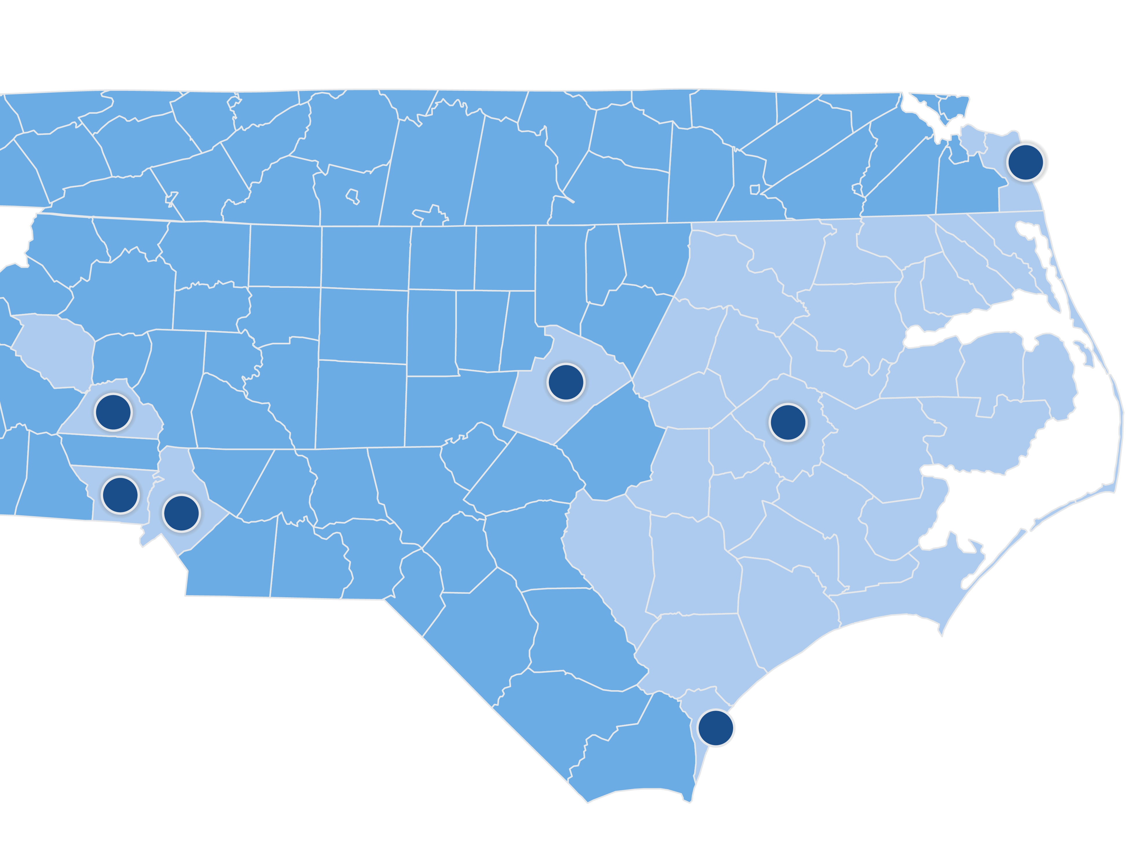Map of locations in North Carolina.